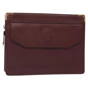 CARTIER Clutch Bag Leather Bordeaux Gold Auth